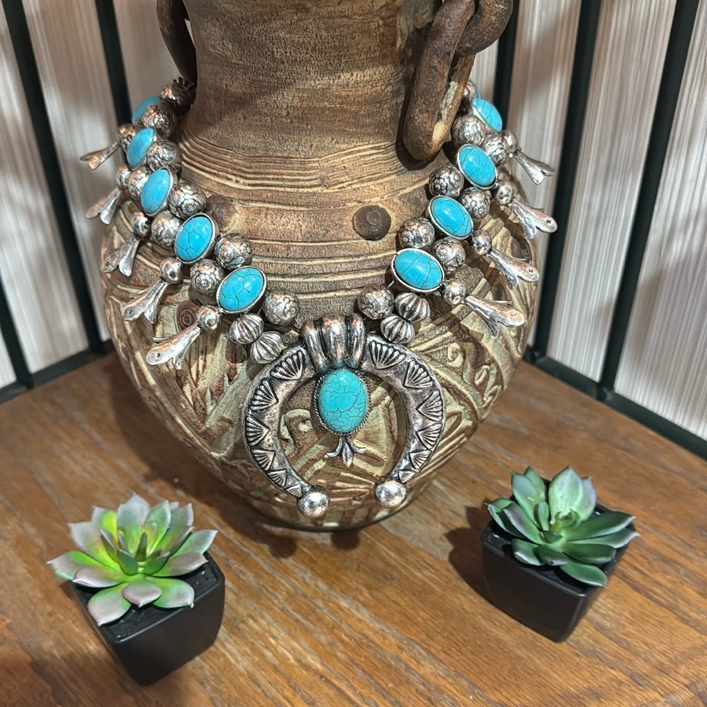 Turquoise & Silver Squash Blossom Necklace - Picture 2 of 13
